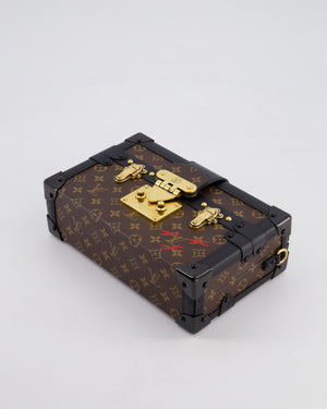Louis Vuitton Brown Petite Malle Bag in Monogram Canvas & Black Calfskin Leather with Gold Hardware
