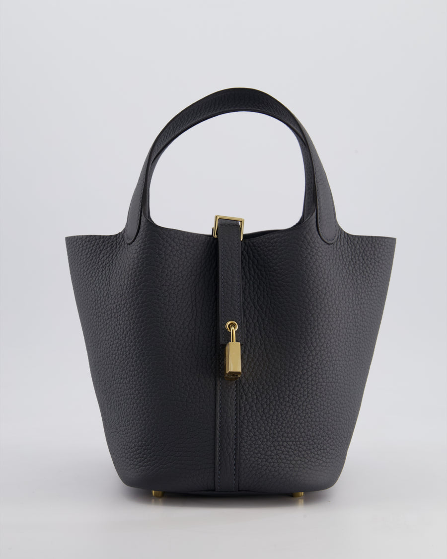 *HOT* Hermès Picotin Lock 18 Bag in Gris Misty Clemence Leather with Permabrass Hardware