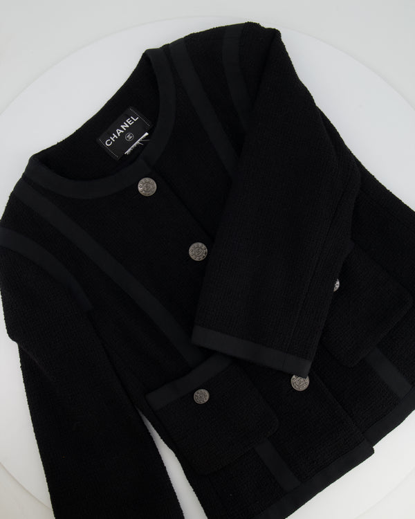 Chanel Black Vintage Tweed Jacket with Ribbed Fabric Trim Details and Silver CC Logo Star Buttons Size FR 38 (UK 10)