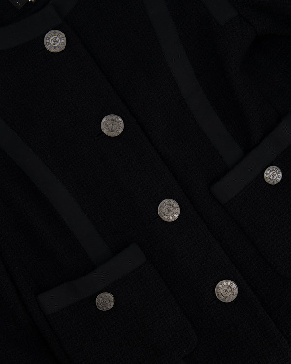Chanel Black Vintage Tweed Jacket with Ribbed Fabric Trim Details and Silver CC Logo Star Buttons Size FR 38 (UK 10)