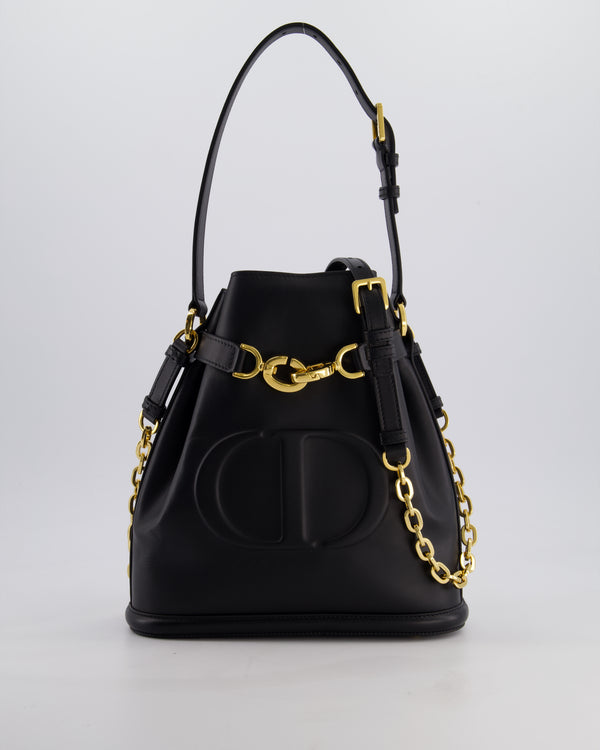 Christian Dior Medium C'est Dior Bucket Bag In Black CD-Embossed Calfskin Leather with Gold Hardware