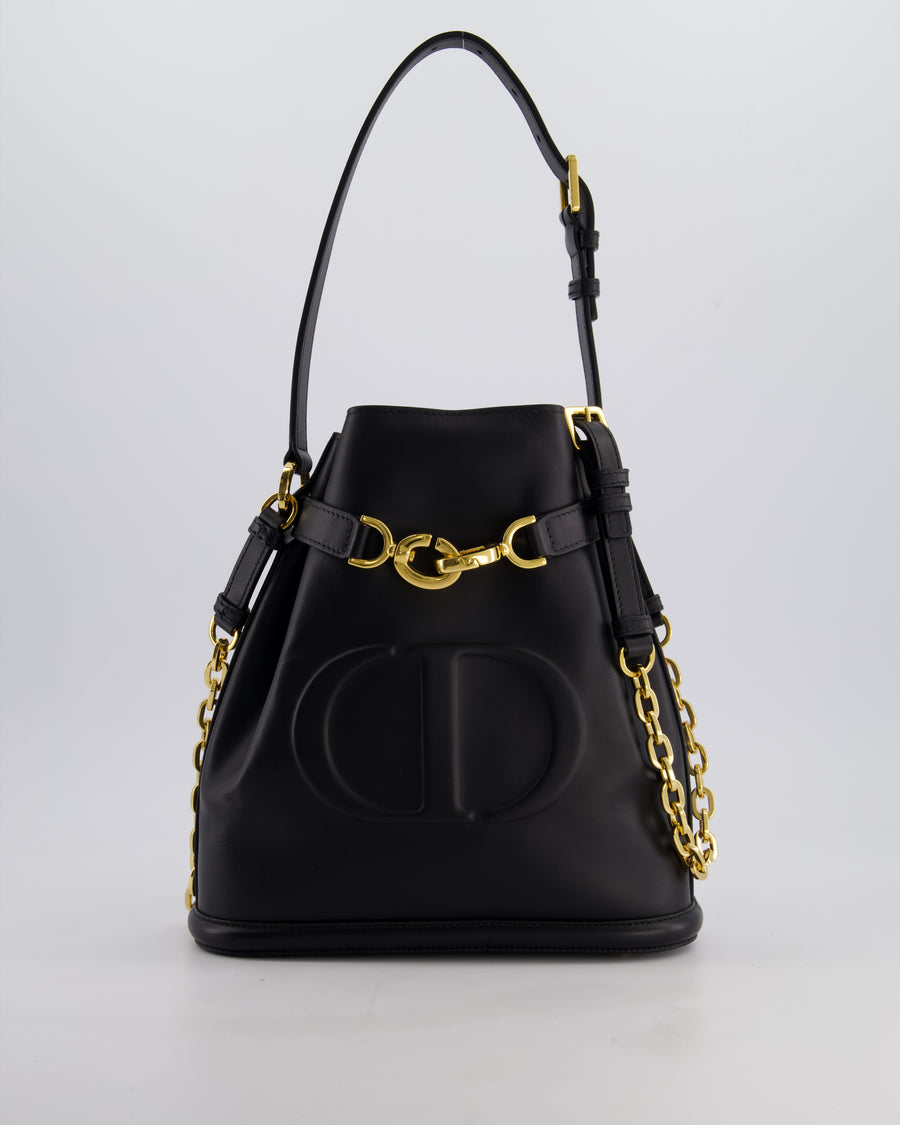 Christian Dior Medium C'est Dior Bucket Bag In Black CD-Embossed Calfskin Leather with Gold Hardware
