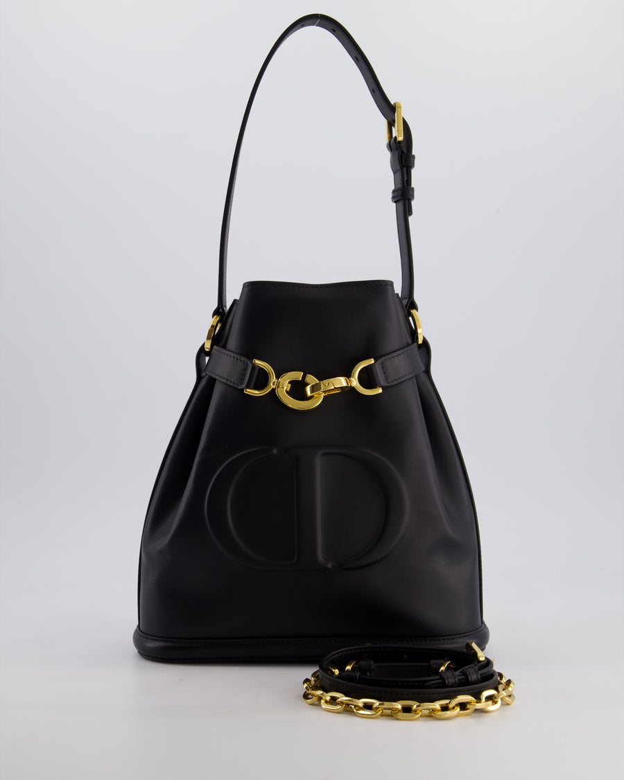 Christian Dior Medium C'est Dior Bucket Bag In Black CD-Embossed Calfskin Leather with Gold Hardware