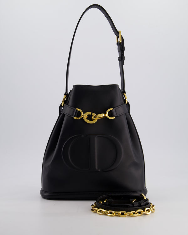 Christian Dior Medium C'est Dior Bucket Bag In Black CD-Embossed Calfskin Leather with Gold Hardware