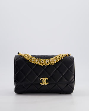 Chanel Black Flap Bag in Lambskin Leather with Crystal Chanel Logo and Gold Hardware
