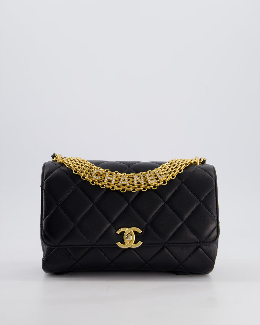 Chanel Black Flap Bag in Lambskin Leather with Crystal Chanel Logo and Gold Hardware