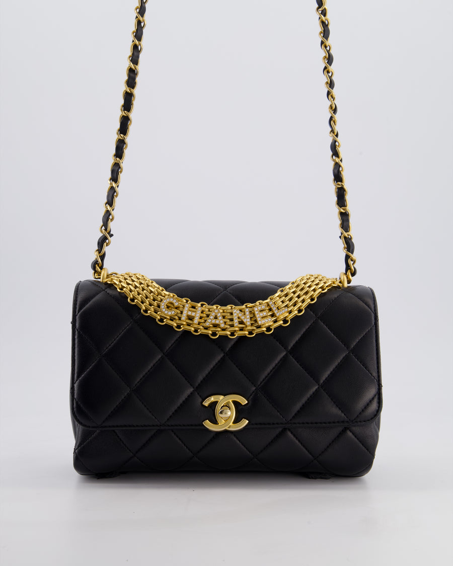 Chanel Black Flap Bag in Lambskin Leather with Crystal Chanel Logo and Gold Hardware