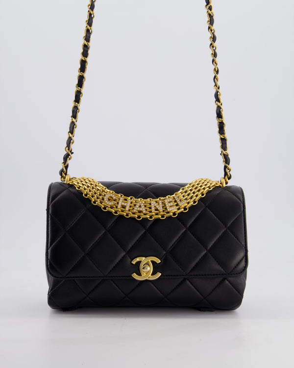Chanel Black Flap Bag in Lambskin Leather with Crystal Chanel Logo and Gold Hardware