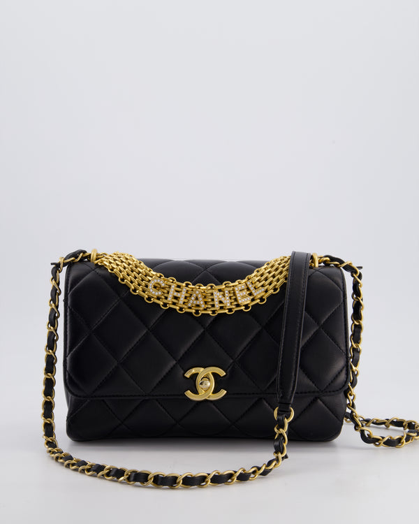 Chanel Black Flap Bag in Lambskin Leather with Crystal Chanel Logo and Gold Hardware