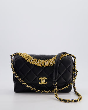 Chanel Black Flap Bag in Lambskin Leather with Crystal Chanel Logo and Gold Hardware