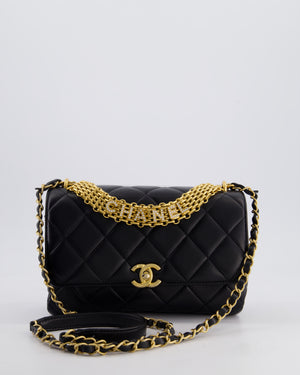 Chanel Black Flap Bag in Lambskin Leather with Crystal Chanel Logo and Gold Hardware