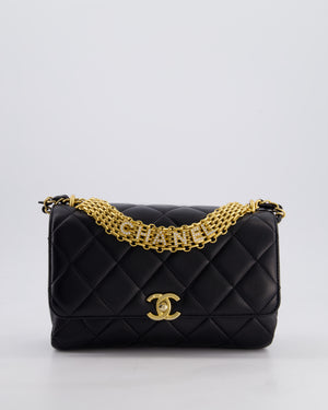 Chanel Black Flap Bag in Lambskin Leather with Crystal Chanel Logo and Gold Hardware