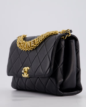 Chanel Black Flap Bag in Lambskin Leather with Crystal Chanel Logo and Gold Hardware