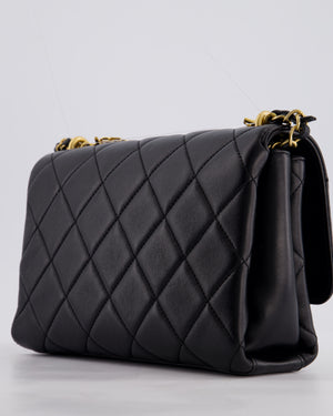 Chanel Black Flap Bag in Lambskin Leather with Crystal Chanel Logo and Gold Hardware