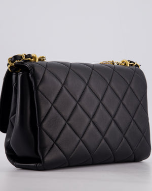 Chanel Black Flap Bag in Lambskin Leather with Crystal Chanel Logo and Gold Hardware