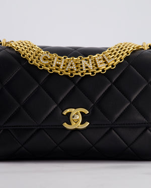 Chanel Black Flap Bag in Lambskin Leather with Crystal Chanel Logo and Gold Hardware