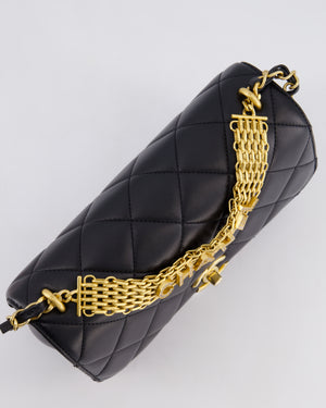 Chanel Black Flap Bag in Lambskin Leather with Crystal Chanel Logo and Gold Hardware