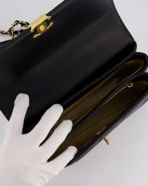 Chanel Black Flap Bag in Lambskin Leather with Crystal Chanel Logo and Gold Hardware
