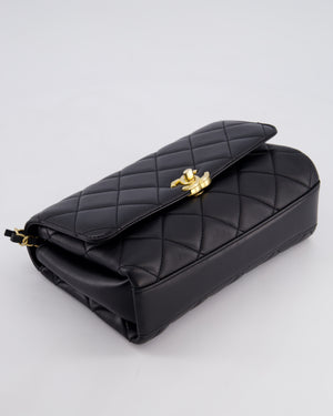 Chanel Black Flap Bag in Lambskin Leather with Crystal Chanel Logo and Gold Hardware