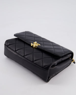 Chanel Black Flap Bag in Lambskin Leather with Crystal Chanel Logo and Gold Hardware