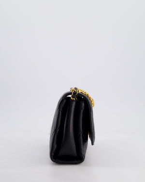 Chanel Black Flap Bag in Lambskin Leather with Crystal Chanel Logo and Gold Hardware