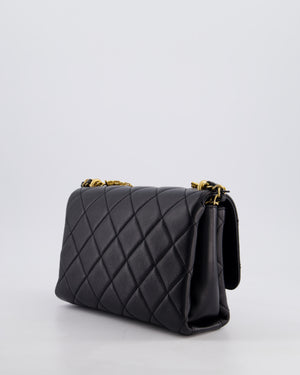 Chanel Black Flap Bag in Lambskin Leather with Crystal Chanel Logo and Gold Hardware
