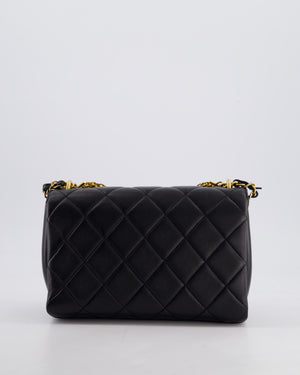 Chanel Black Flap Bag in Lambskin Leather with Crystal Chanel Logo and Gold Hardware