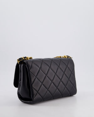 Chanel Black Flap Bag in Lambskin Leather with Crystal Chanel Logo and Gold Hardware