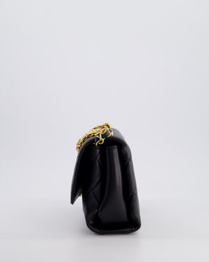 Chanel Black Flap Bag in Lambskin Leather with Crystal Chanel Logo and Gold Hardware
