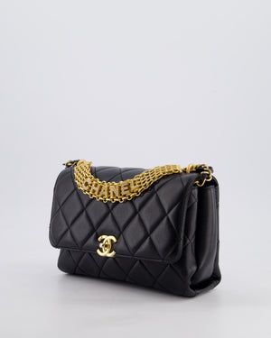 Chanel Black Flap Bag in Lambskin Leather with Crystal Chanel Logo and Gold Hardware