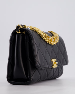 Chanel Black Flap Bag in Lambskin Leather with Crystal Chanel Logo and Gold Hardware