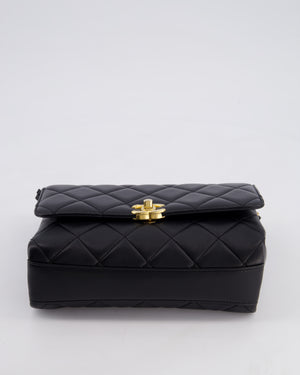 Chanel Black Flap Bag in Lambskin Leather with Crystal Chanel Logo and Gold Hardware