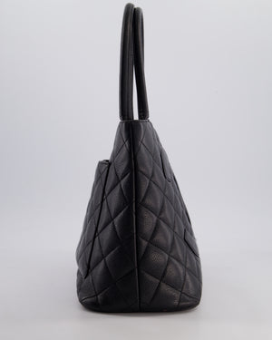 Chanel Vintage Black Medallion Tote in Black Quilted Caviar Leather with Gold Hardware