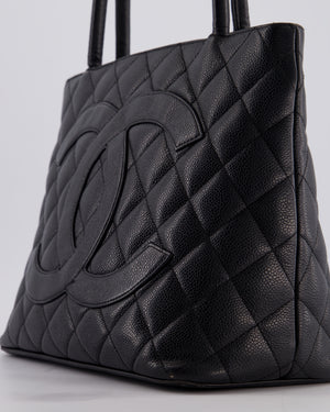 Chanel Vintage Black Medallion Tote in Black Quilted Caviar Leather with Gold Hardware