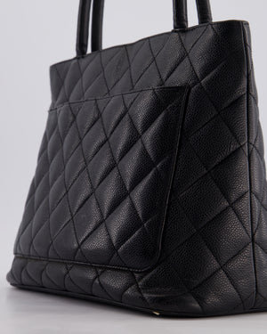 Chanel Vintage Black Medallion Tote in Black Quilted Caviar Leather with Gold Hardware