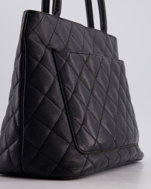 Chanel Vintage Black Medallion Tote in Black Quilted Caviar Leather with Gold Hardware