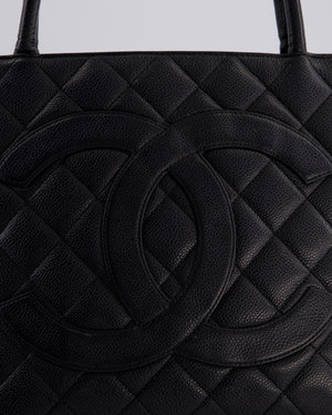 Chanel Vintage Black Medallion Tote in Black Quilted Caviar Leather with Gold Hardware