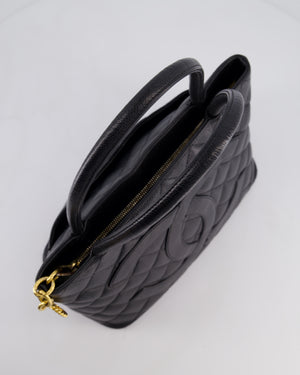 Chanel Vintage Black Medallion Tote in Black Quilted Caviar Leather with Gold Hardware
