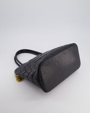 Chanel Vintage Black Medallion Tote in Black Quilted Caviar Leather with Gold Hardware