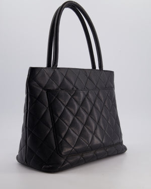 Chanel Vintage Black Medallion Tote in Black Quilted Caviar Leather with Gold Hardware