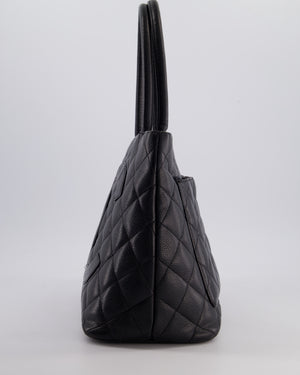Chanel Vintage Black Medallion Tote in Black Quilted Caviar Leather with Gold Hardware