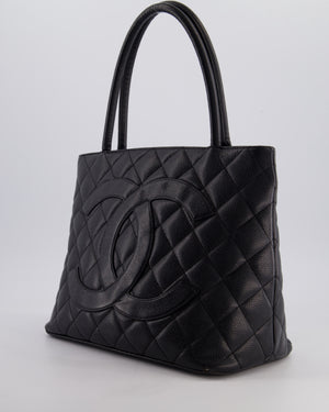 Chanel Vintage Black Medallion Tote in Black Quilted Caviar Leather with Gold Hardware