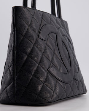 Chanel Vintage Black Medallion Tote in Black Quilted Caviar Leather with Gold Hardware
