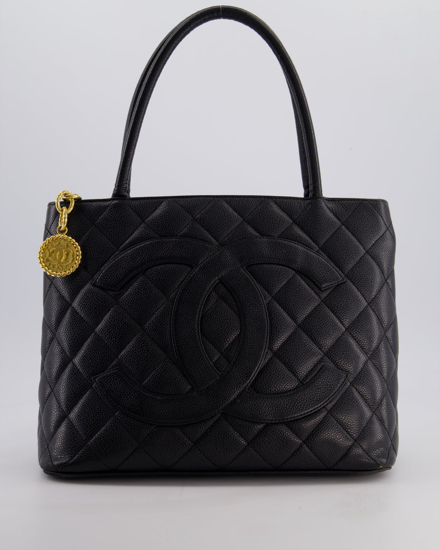 Chanel Vintage Black Medallion Tote in Black Quilted Caviar Leather with Gold Hardware