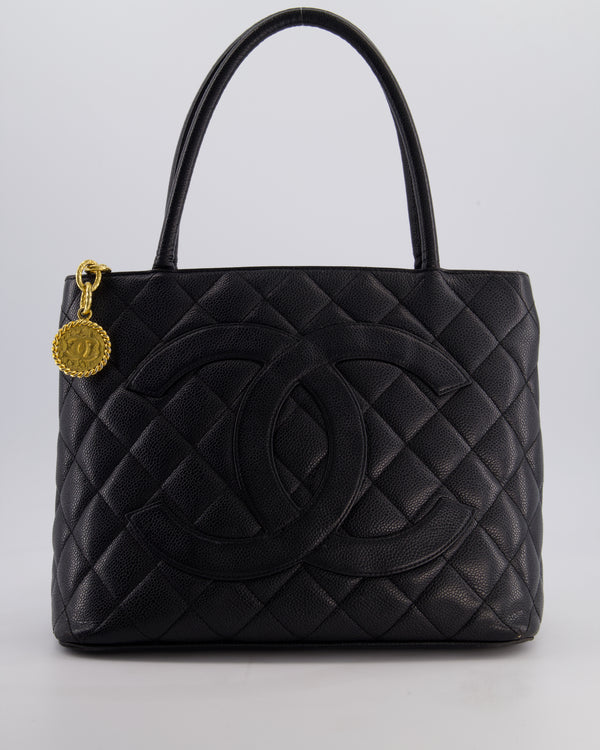 Chanel Vintage Black Medallion Tote in Black Quilted Caviar Leather with Gold Hardware