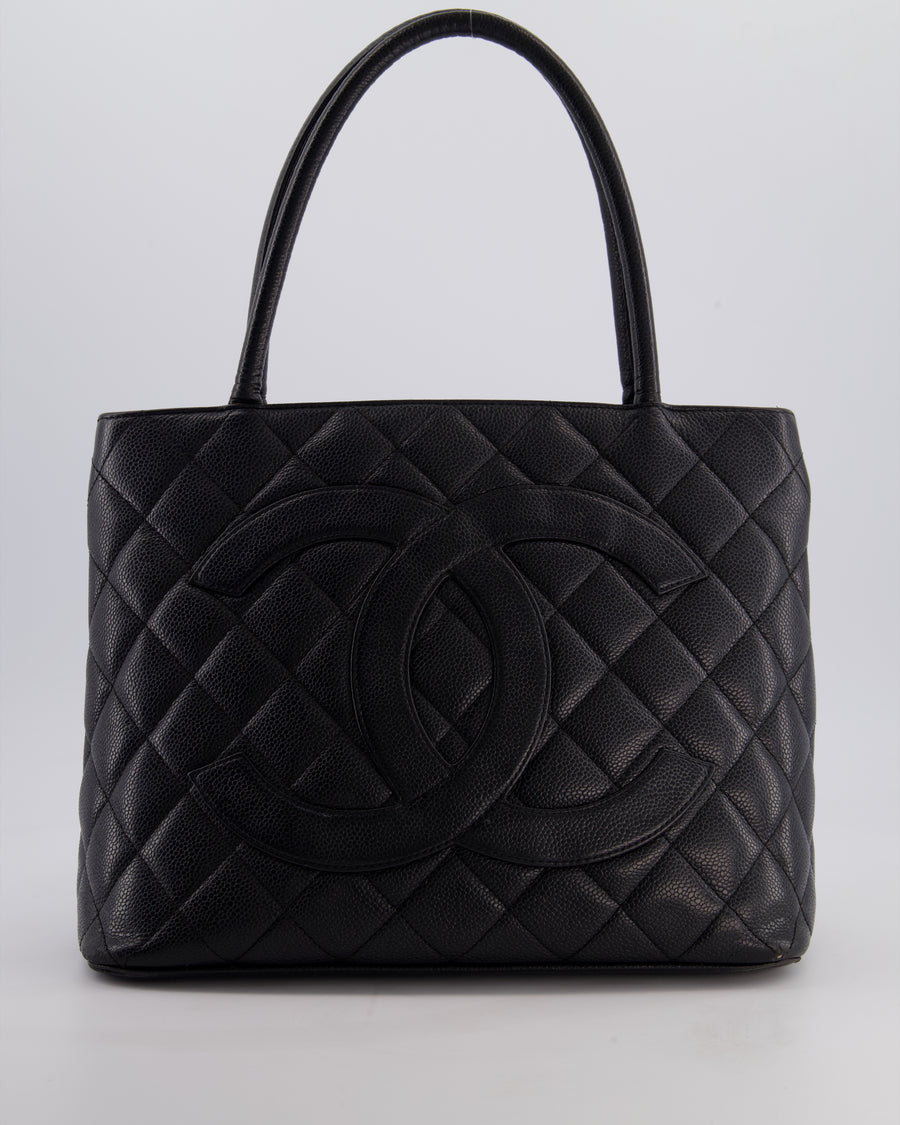 Chanel Vintage Black Medallion Tote in Black Quilted Caviar Leather with Gold Hardware