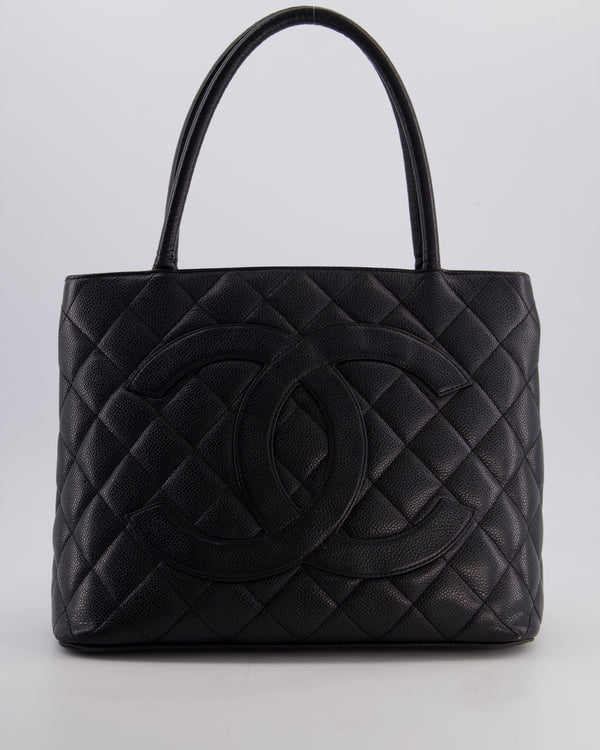 Chanel Vintage Black Medallion Tote in Black Quilted Caviar Leather with Gold Hardware