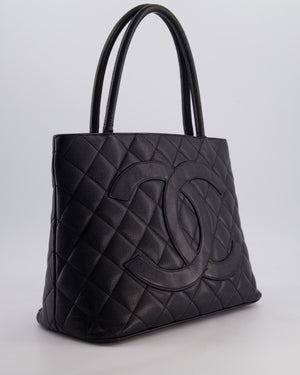 Chanel Vintage Black Medallion Tote in Black Quilted Caviar Leather with Gold Hardware