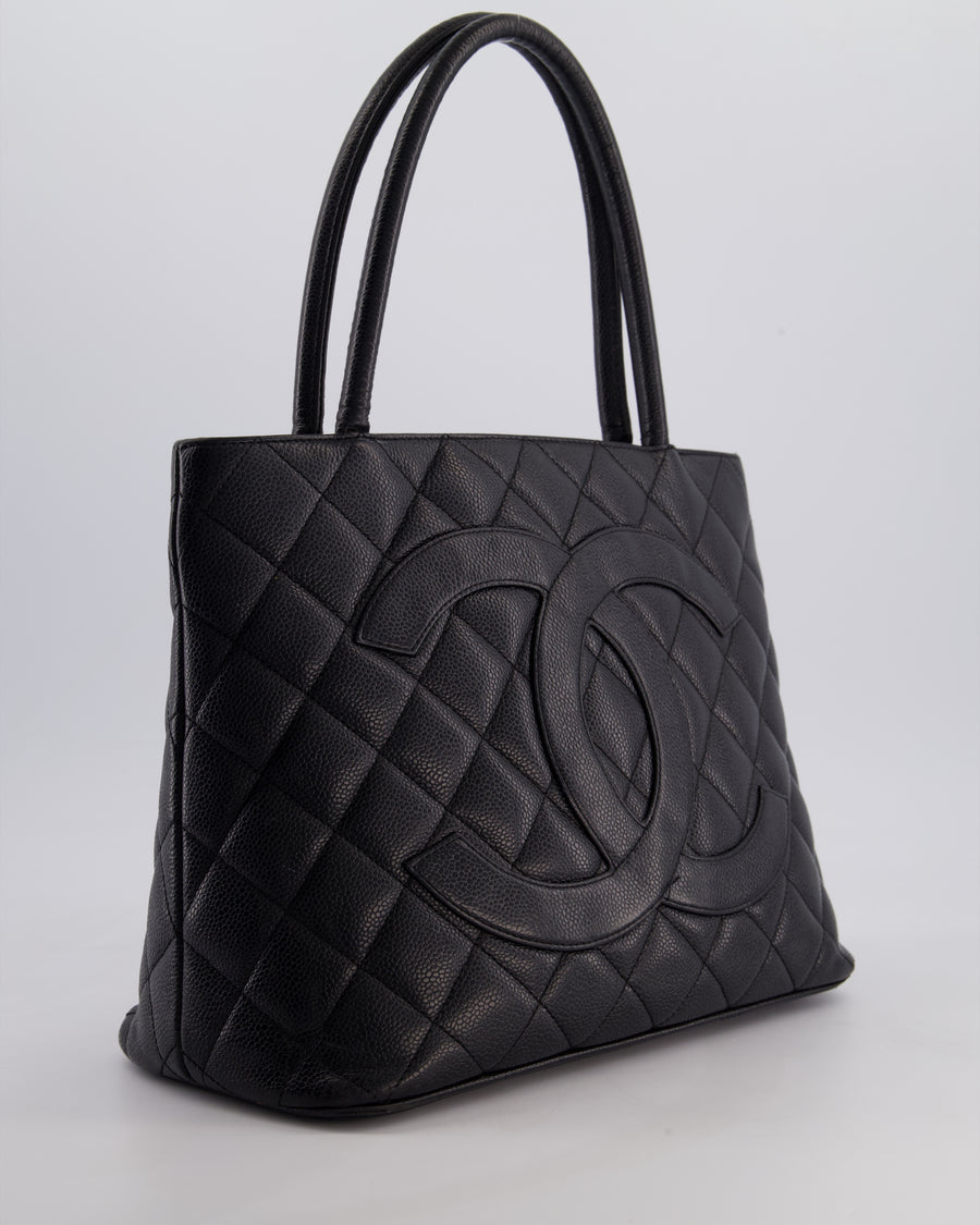 Chanel Vintage Black Medallion Tote in Black Quilted Caviar Leather with Gold Hardware