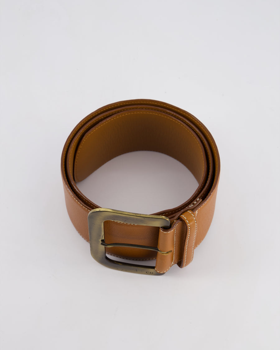 Christian Dior Wide Brown Leather Belt with Large Brass-Toned Buckle Size L